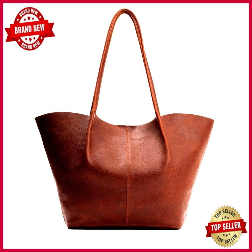 Full Grain Leather Bucket Tote with Dual Straps and Interior Pocket